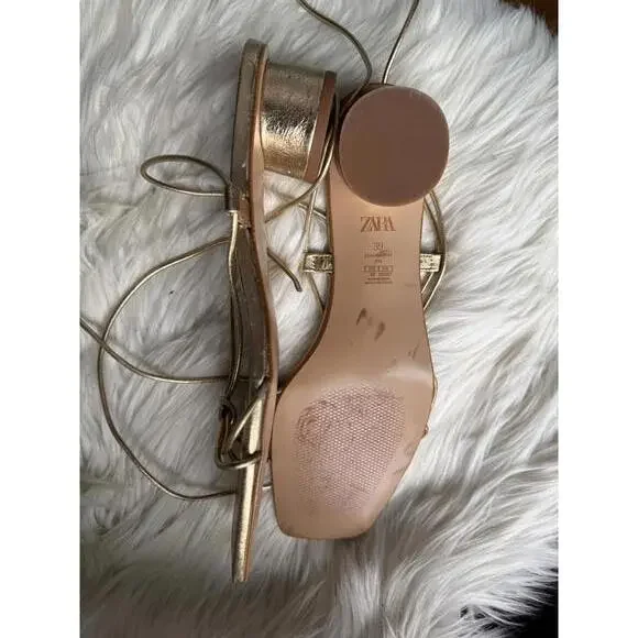 ZARA Gold Metallic Strappy Sandals Size 39 - Picture 6 of 6